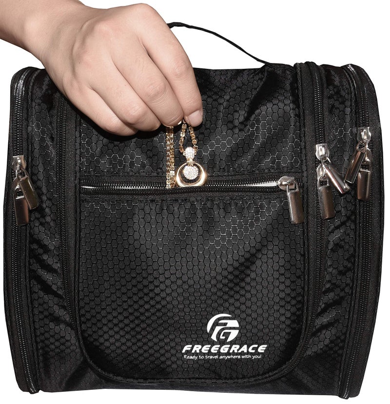 Freegrace Hanging Toiletry Bag Extra Large Capacity | Premium Travel Organizer Bags For Men And Women | Durable Waterproof Nylon Bathroom, Shower, Makeup Bag For Toiletries, Cosmetics, Shampoo (Black) - Image 5